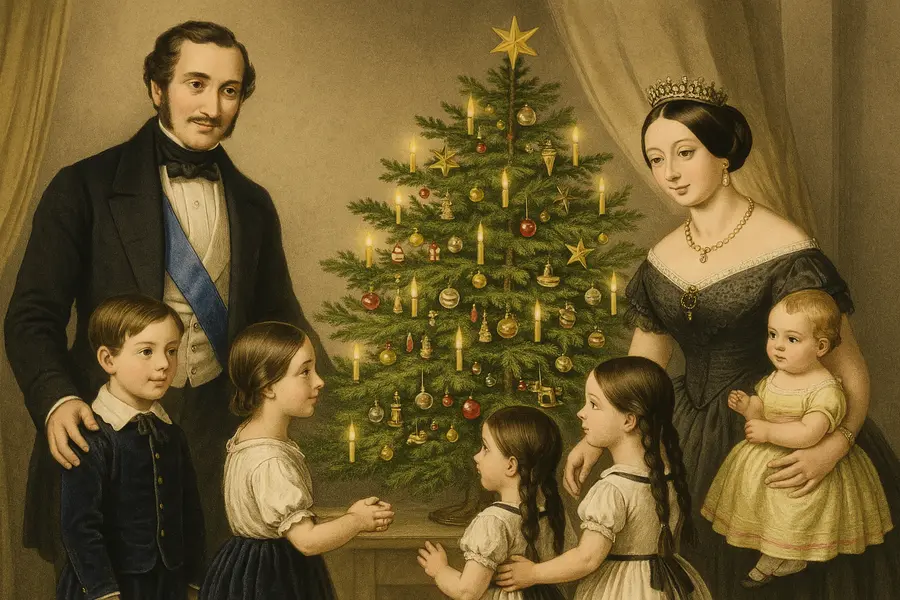 Kráľovná Viktória s rodinou pri vianočnom stromčeku, ilustrácia z r. 1848