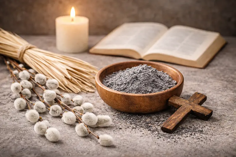 sviečka a jemný popol s ratolesťami ako symbol ticha a zamyslenia Popolcovej stredy
