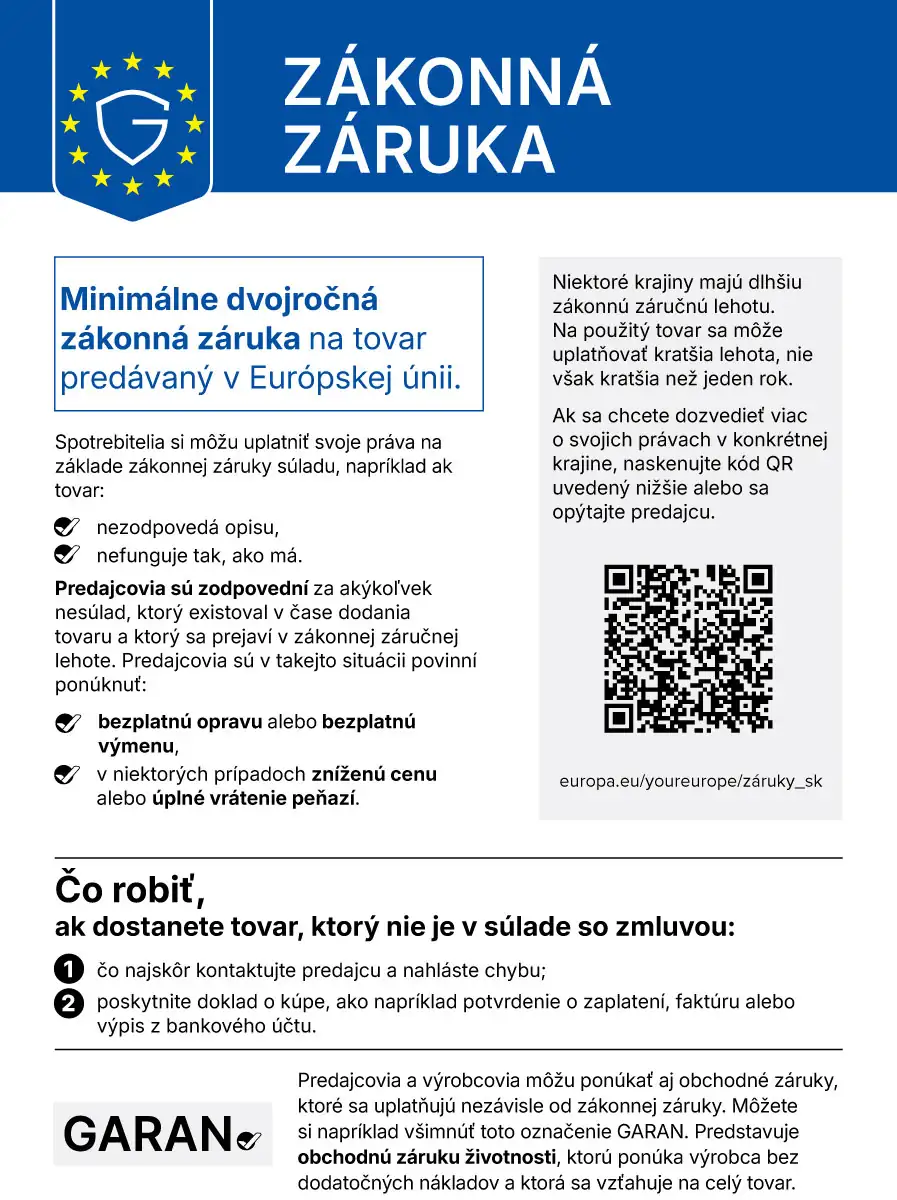 Zákonná záruka – informácie pre spotrebiteľov Európskej únie